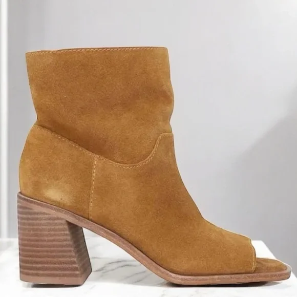 Lucky Brand Ryemi Brown Soft Suede Slip On Open Toe Heel Booties Size 9 - Picture 1 of 8